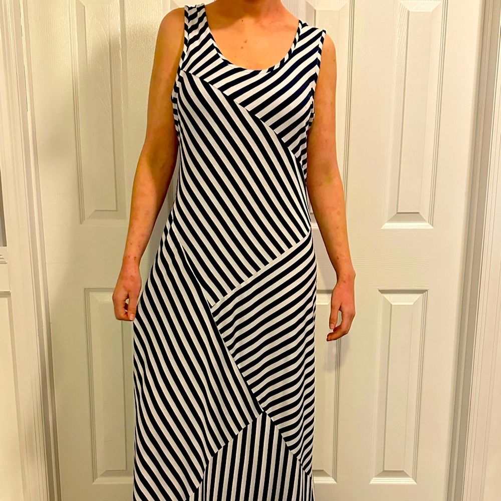 Navy blue and white asymmetrical pattern, striped maxi dress.
